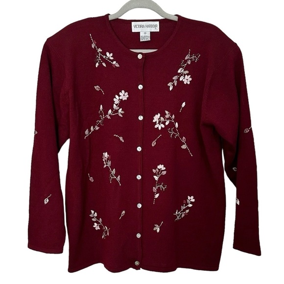 Victoria Harbour Vtg Cardigan Burgundy Beaded Cottagecore Granny Embroidery Sz M - Picture 2 of 12